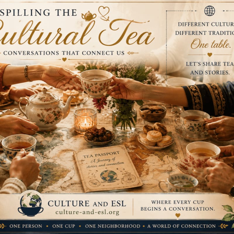 Hands reach across a table laden with tea and pastries, over a map, towards cups of tea, with text about "Cultural Tea" and "Conversations That Connect Us" in the background.