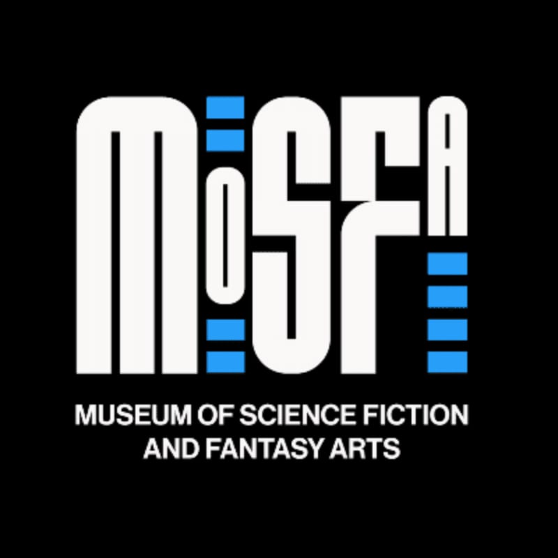 A white logo with blue accents for the Museum of Science Fiction and Fantasy Arts is set against a black background.