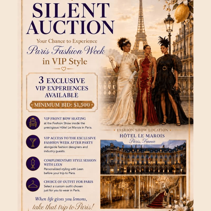 Three elegantly dressed models stand before the Eiffel Tower, with a grand hotel and a red carpet in the foreground, advertising a VIP Paris Fashion Week silent auction.
