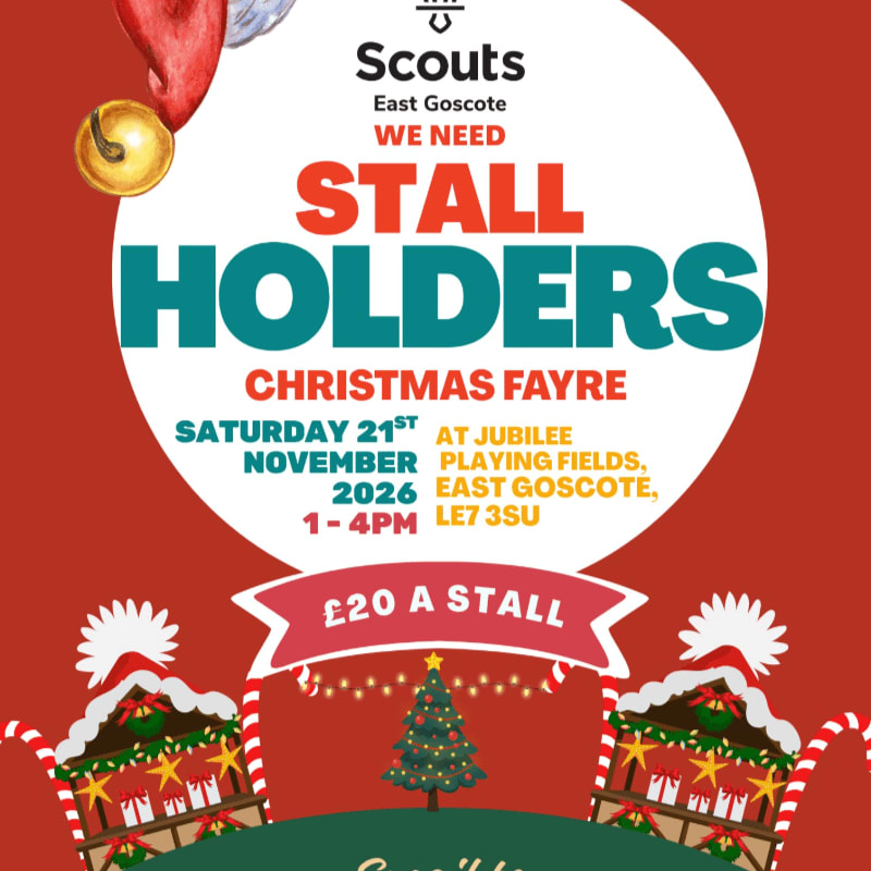 A festive red background with a large white circle announcing a Christmas Fayre stallholder call, featuring a gingerbread house scene with a Christmas tree in the foreground.