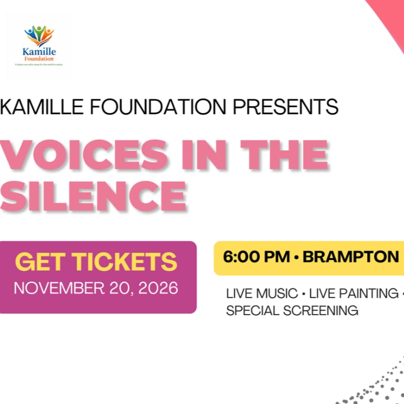 A pink and white poster for "Voices in the Silence" by Kamille Foundation, with event details in the foreground and a subtle dotted pattern in the background.