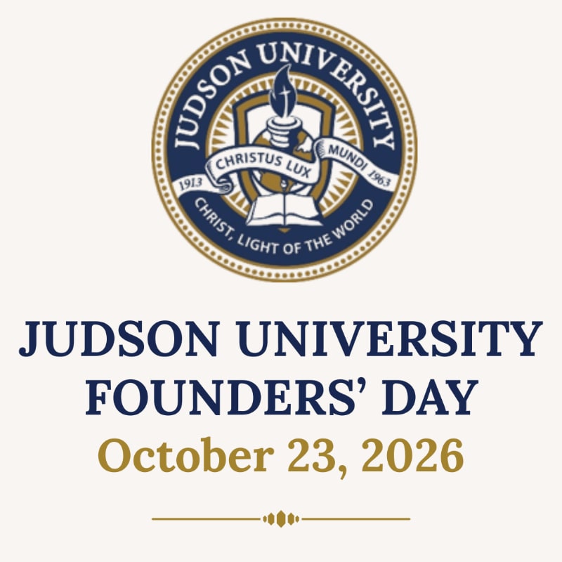 A Judson University logo is centered above bold text announcing "FOUNDERS' DAY" and the date "October 23, 2026" on a cream-colored background.