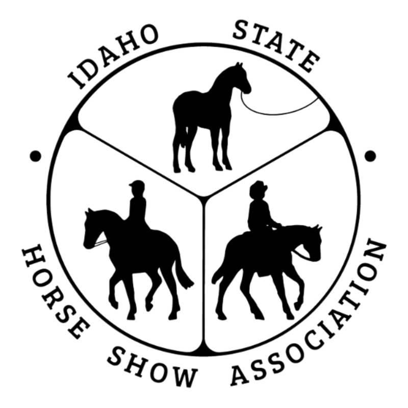 Silhouetted horses and riders are arranged within a circular emblem that reads "IDAHO STATE HORSE SHOW ASSOCIATION" around the outer edge.