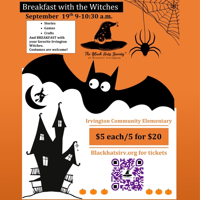 A spooky Halloween-themed flyer for "Breakfast with the Witches" features a large bat and haunted house in the foreground against an orange background with spiderwebs and a witch's hat.