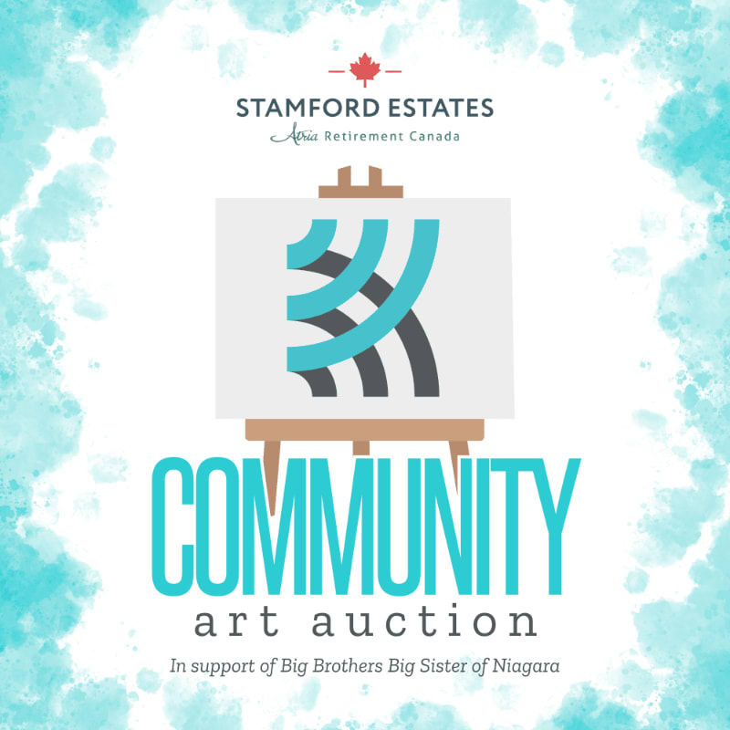 A painting of a stylized "R" on an easel is centered on a light blue watercolor background with text announcing a community art auction.