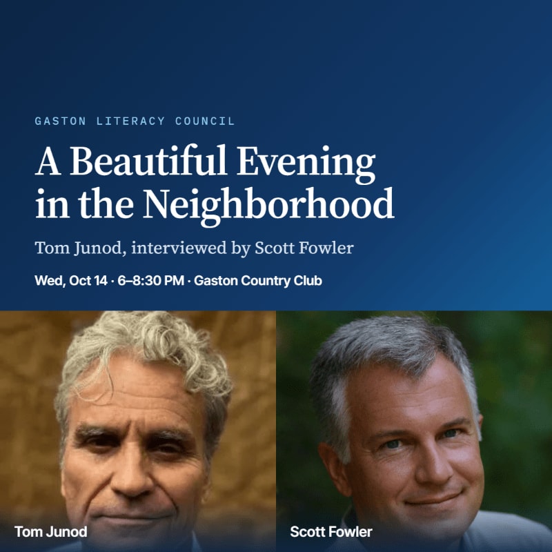Two portraits of men, Tom Junod and Scott Fowler, are featured in the foreground against a dark blue background with event details.