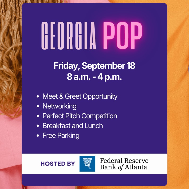 A purple graphic with "GEORGIA POP" in large letters is overlaid on a background of blurred pink and orange fabric, detailing event information and the host, Federal Reserve Bank of Atlanta.