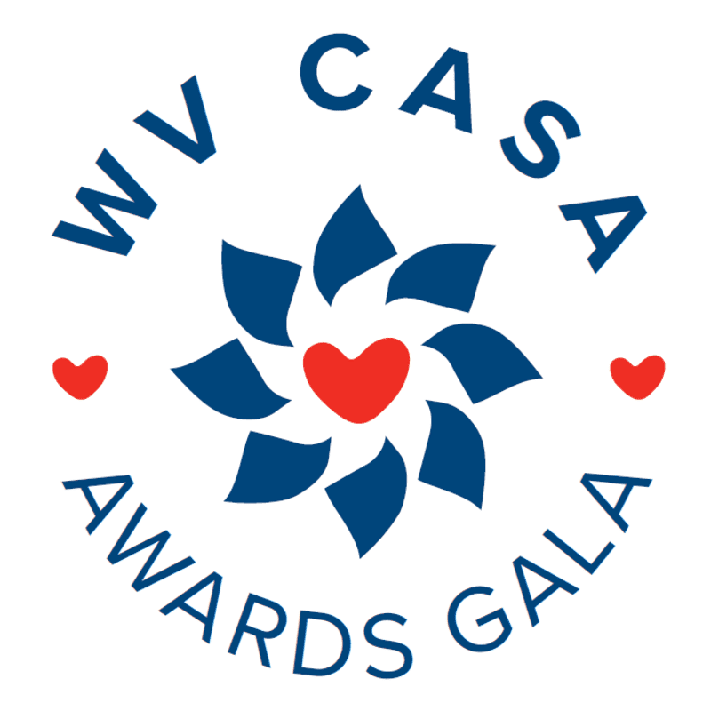 A blue and red circular logo with "WV CASA AWARDS GALA" text surrounds a stylized blue flower with a red heart at its center, set against a white background.