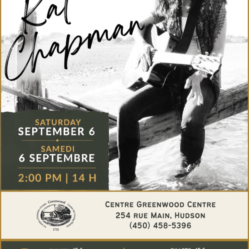 A woman with a guitar sits on a log in shallow water, with event details for "Kal Chapman" on the left.