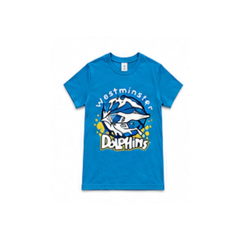 A bright blue t-shirt with a graphic of a dolphin and the word "Dolphins" is displayed against a plain white background.
