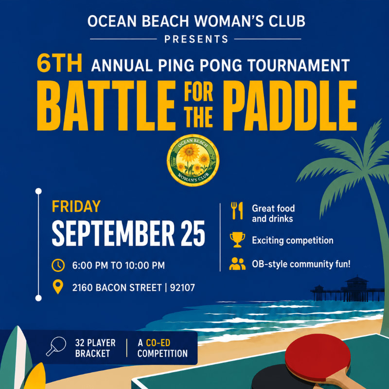 A vibrant poster for the "Battle for the Paddle" ping pong tournament is set against a beach scene with a palm tree and ocean in the background, while the foreground features a ping pong paddle and ball.