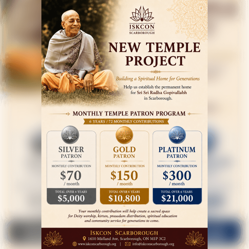 An elderly man sits cross-legged in the foreground, while the background advertises ISKCON Scarborough's new temple project and monthly patron program.