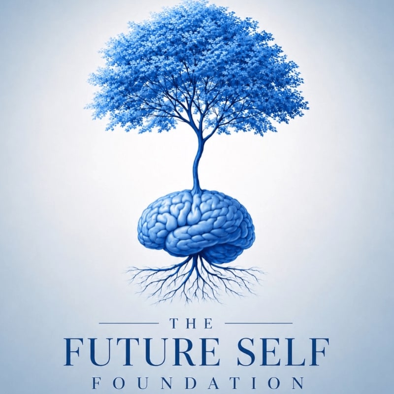A vibrant blue tree with intricate roots emerges from a stylized brain in the foreground, set against a soft, gradient blue background with the words "THE FUTURE SELF FOUNDATION" at the bottom.