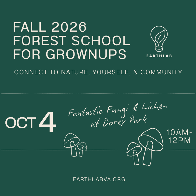 White text on a dark green background announces a "Fall 2026 Forest School for Grownups" with a date, time, location, and website, while simple line drawings of mushrooms are in the foreground.