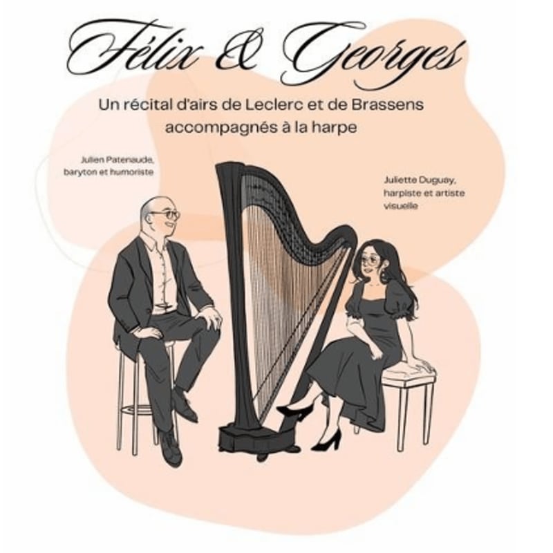 A man and a woman sit on stools on either side of a harp, with text above them announcing a recital.