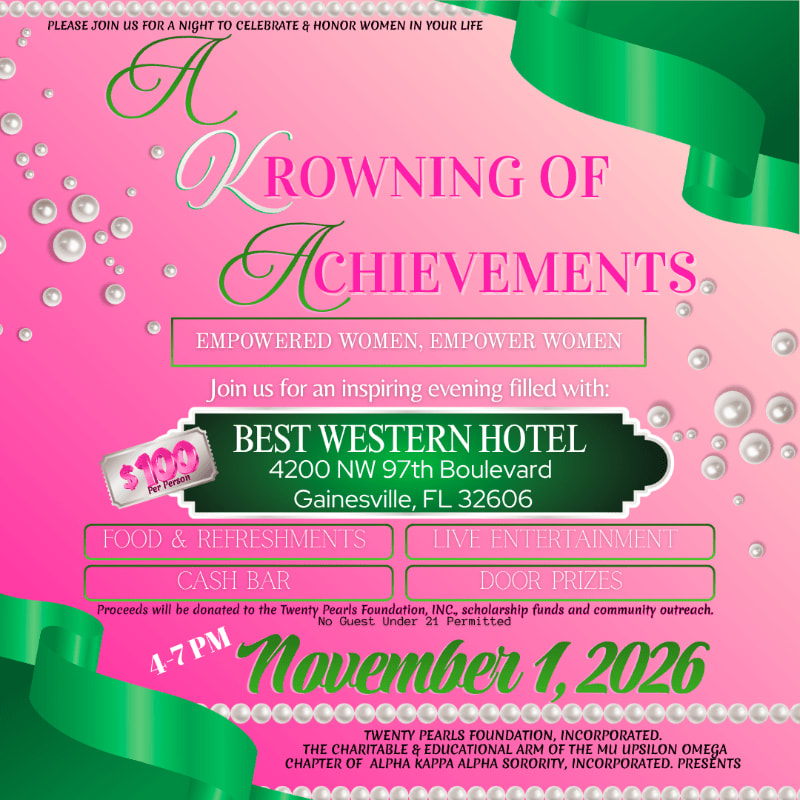 A pink and green invitation for "A Crowning of Achievements" event on November 1, 2026, features pearl accents and event details in the foreground, set against a gradient pink background with green ribbon accents.