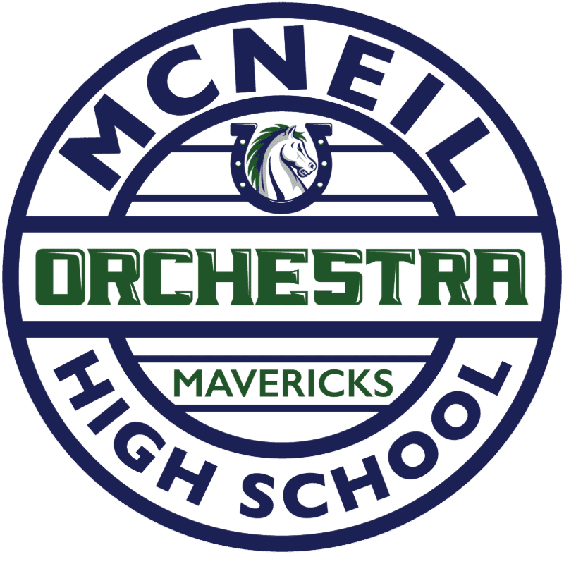 A circular logo with a white horse head inside a horseshoe in the upper section, the word "ORCHESTRA" in green letters across the middle, and "MCNEIL HIGH SCHOOL MAVERICKS" in blue letters around the outer edge.