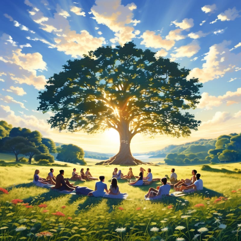 A group of people sit in a circle on a sun-drenched meadow in front of a large, radiant tree, with rolling hills and a bright, cloudy sky in the background.