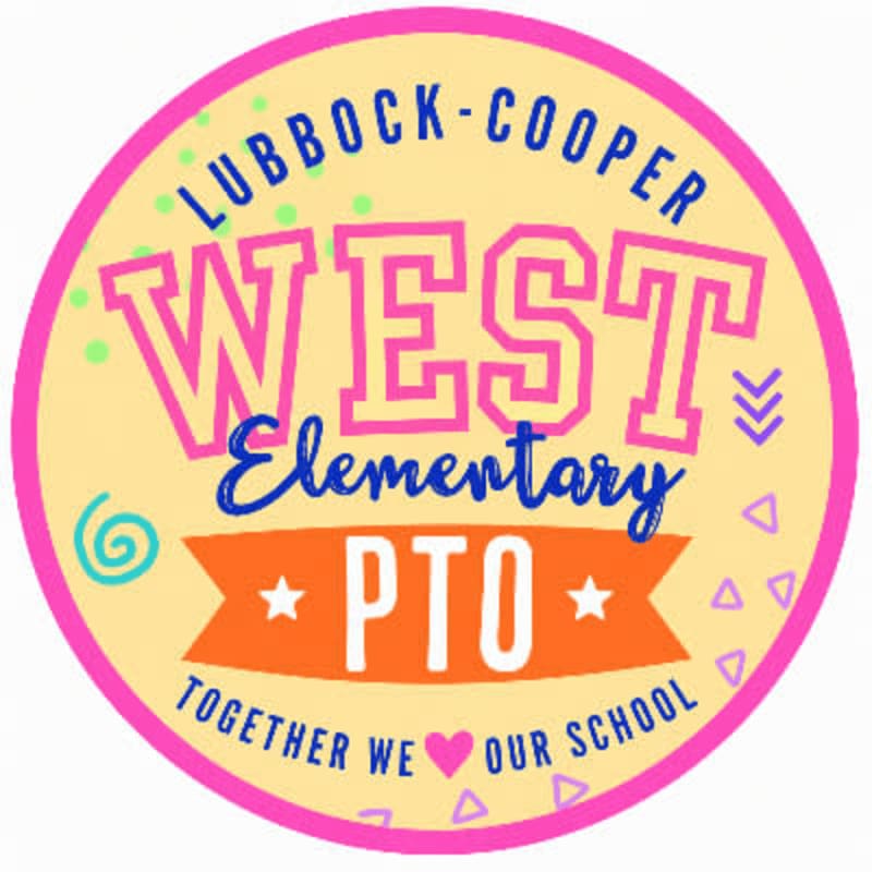 A circular logo with "Lubbock-Cooper West Elementary PTO" in colorful lettering against a light yellow background with playful dots and shapes, and a banner in the foreground reading "TOGETHER WE ❤️ OUR SCHOOL".