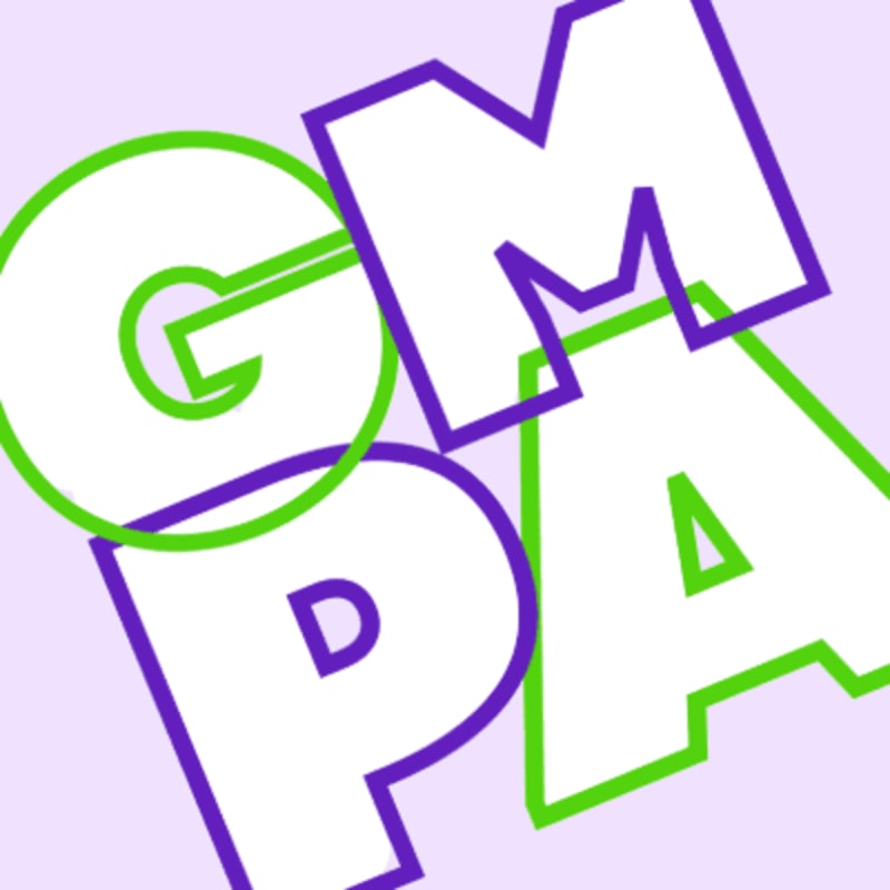 Bold purple and green letters spelling "GM PA" overlap on a light purple background.