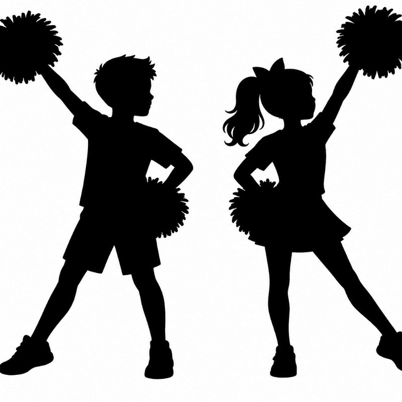 Silhouetted children, a boy and a girl, stand with pom-poms against a white background.