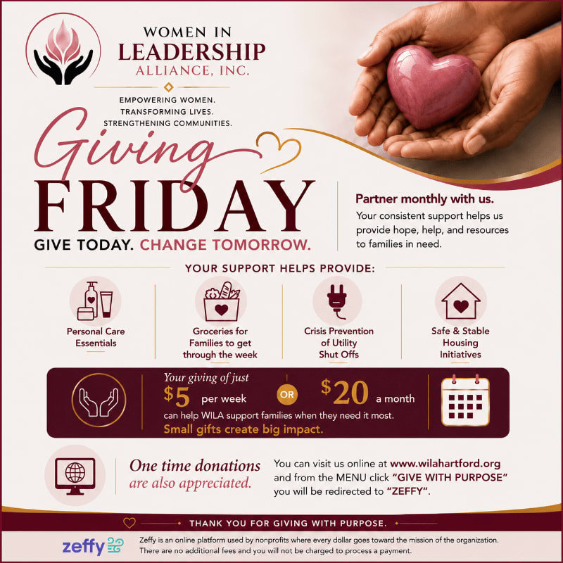Hands cradle a pink heart in the background, while the foreground displays text about "Giving Friday" and how donations help families.