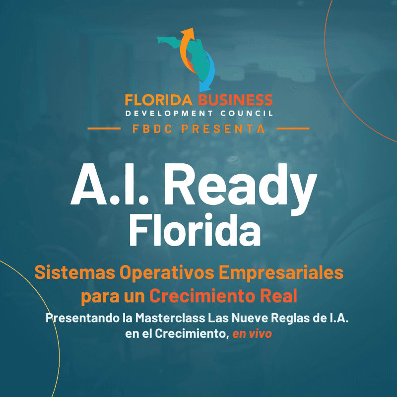 A graphic promoting "A.I. Ready Florida" by the Florida Business Development Council features bold white text on a teal background, with the Florida state outline logo at the top.