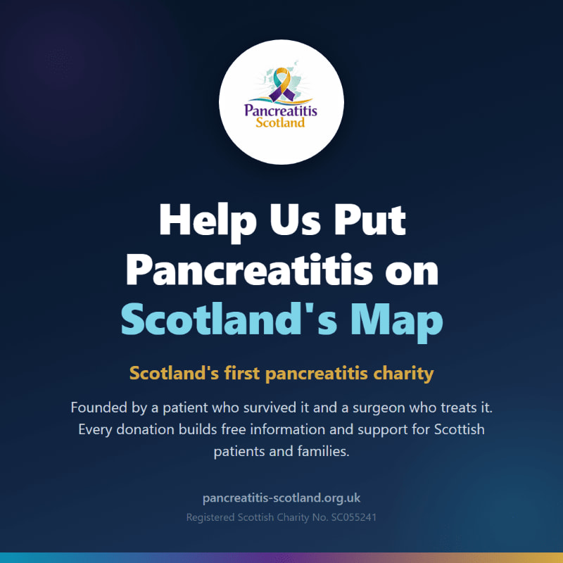 A dark blue background with a white circle containing the Pancreatitis Scotland logo and text about helping put pancreatitis on Scotland's map.