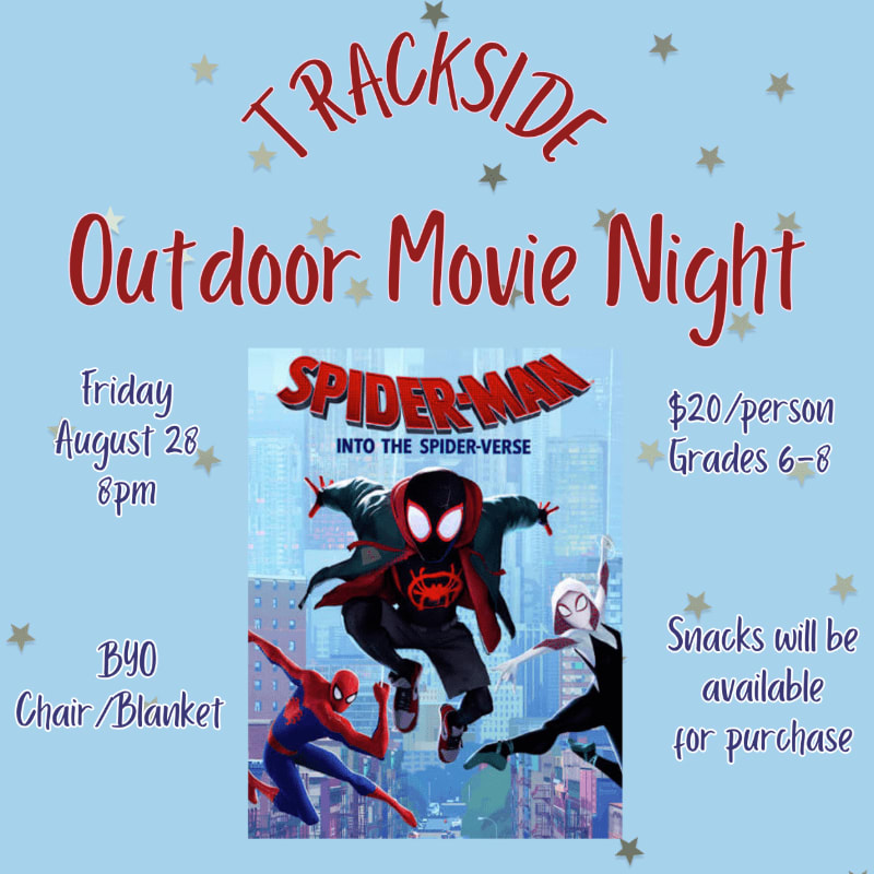 A movie poster for "Spider-Man: Into the Spider-Verse" is featured in the foreground against a light blue background with stars, advertising a "Trackside Outdoor Movie Night" with event details.