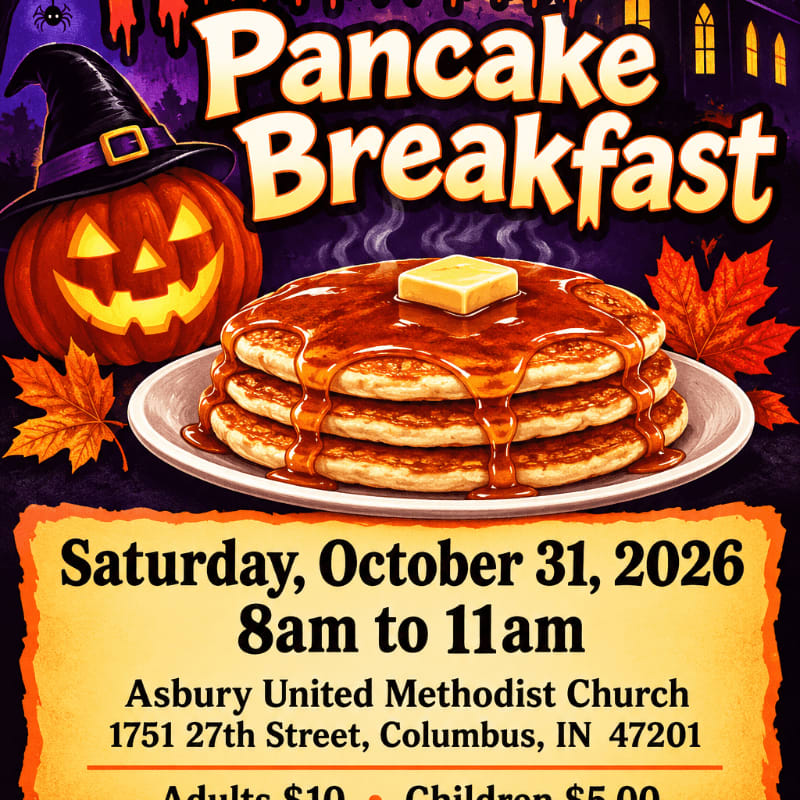 A stack of pancakes with syrup and butter sits in the foreground, while a Halloween-themed background features a jack-o'-lantern and autumn leaves.