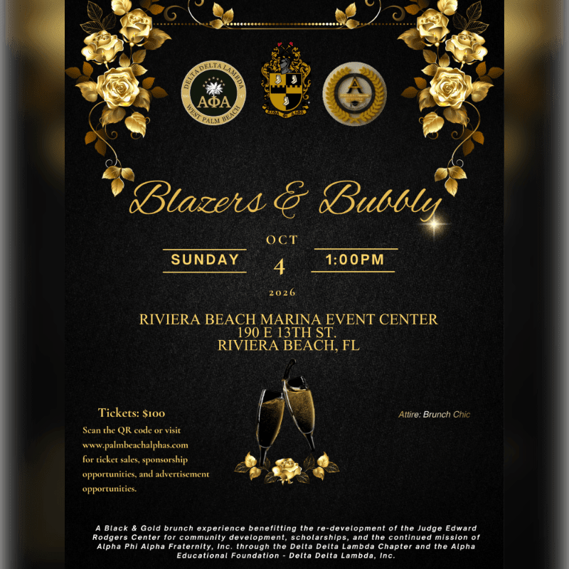 Golden roses frame the top of a black invitation for a "Blazers & Bubbly" event, featuring champagne glasses and event details in the foreground.