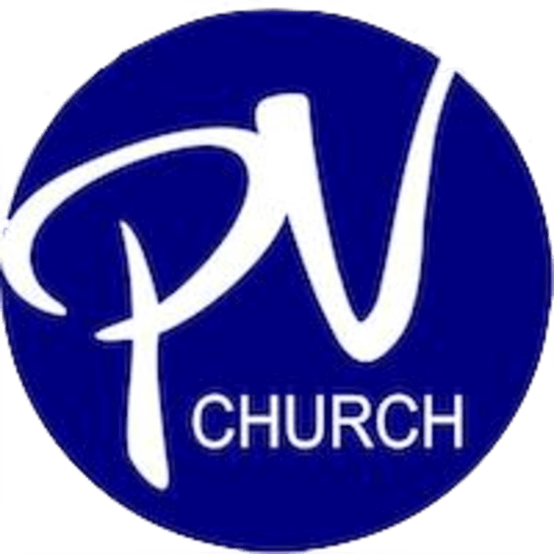 A white stylized "PV" logo with the word "CHURCH" below it is centered on a solid blue circular background.