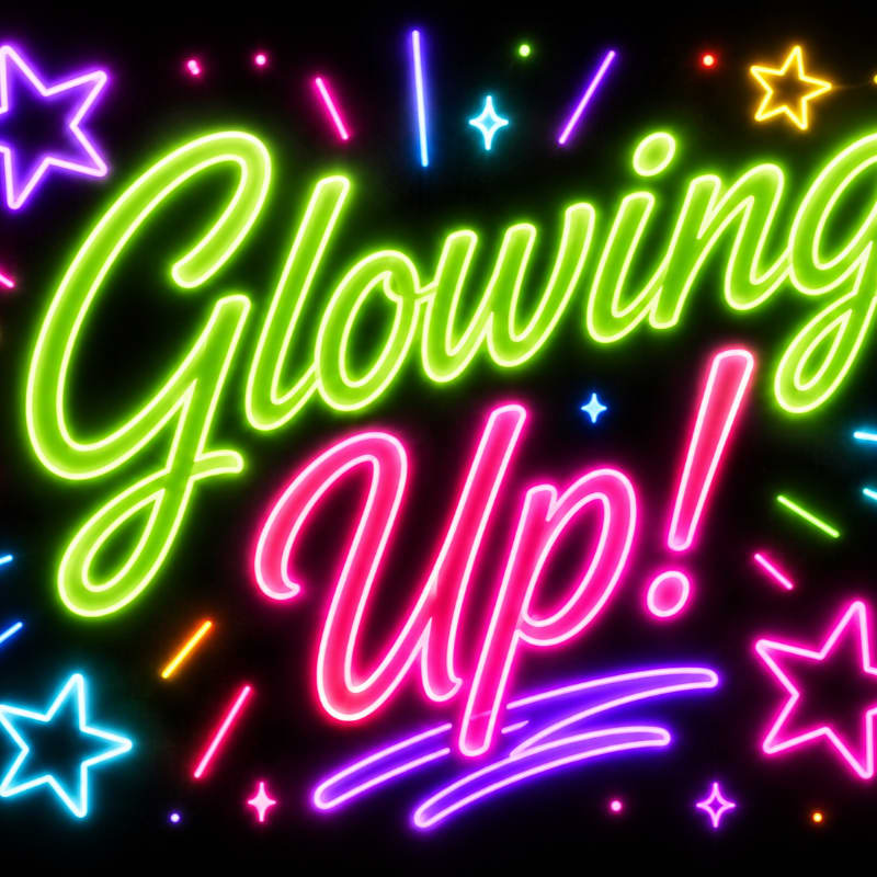 Neon signs in bright green and pink spell out "Glowing Up!" amidst a background of colorful stars and light streaks.