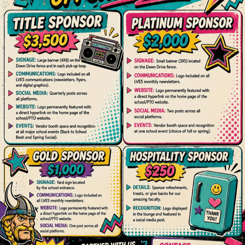 A colorful graphic outlines sponsorship opportunities with details for title, platinum, gold, and hospitality sponsors, set against a background with retro boombox and star graphics.
