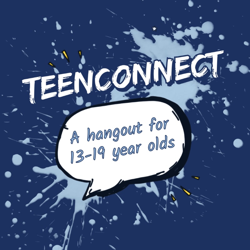 A white speech bubble with the text "A hangout for 13-19 year olds" floats in the foreground against a dark blue background splattered with white paint and the words "TEENCONNECT" in large white letters.