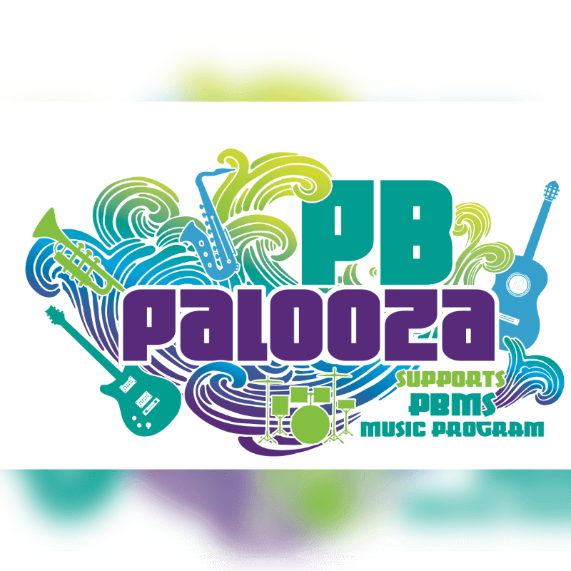 Colorful musical instruments and wavy lines form the "PBpalooza" logo in the foreground, with a white background fading to a soft purple and green blur.