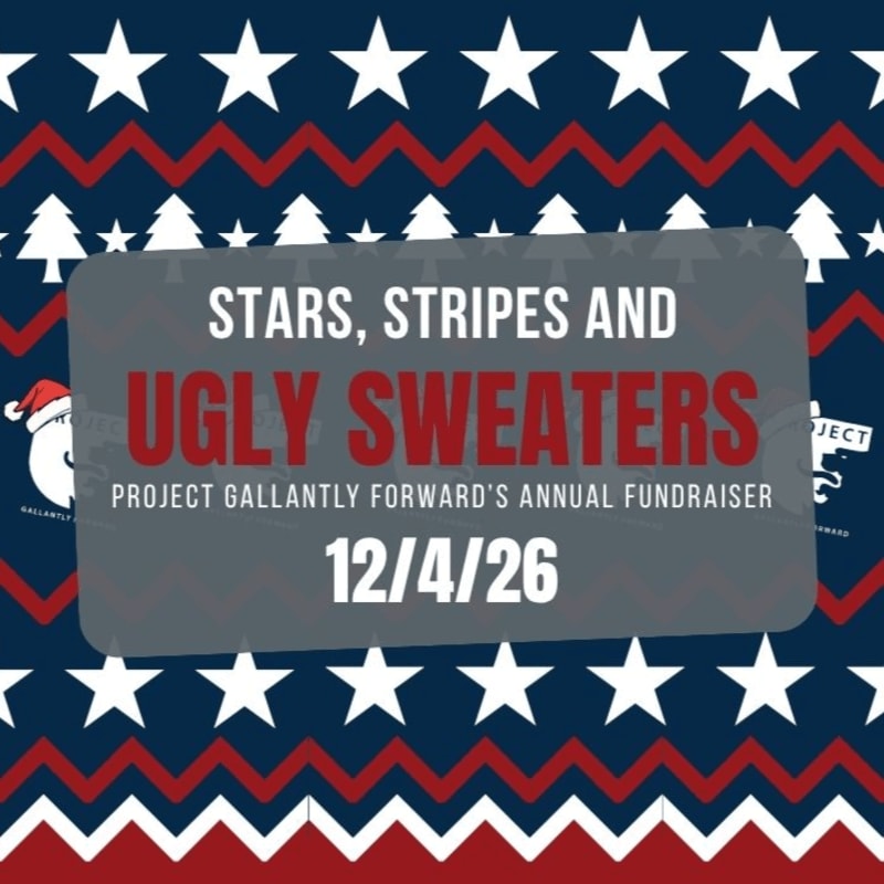A gray rectangle with white text announcing "STARS, STRIPES AND UGLY SWEATERS" and event details sits on a background of red and white zigzags and white stars on a blue field.