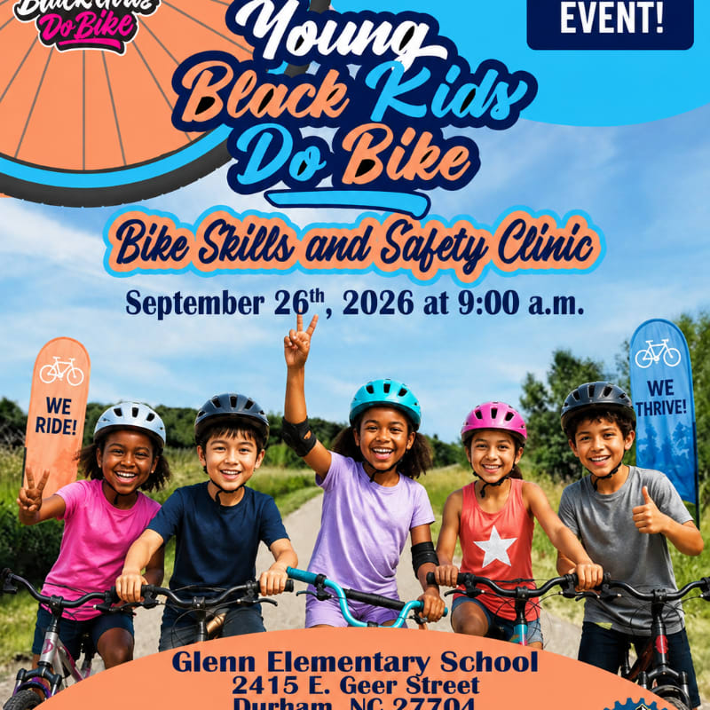 Five smiling children in helmets ride bikes on a path with "WE RIDE!" and "WE THRIVE!" signs in the background, under a banner advertising a "Young Black Kids Do Bike" event.