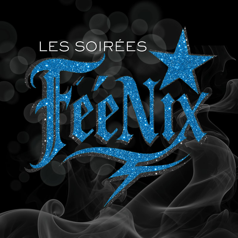 Sparkling blue glitter letters spelling "FeeNix" with the words "LES SOIRÉES" above them are set against a dark background with smoky wisps and bokeh lights.