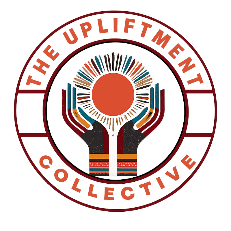 Two hands cradle a stylized sun with radiating lines, all enclosed within a circular logo that reads "THE UPLIFTMENT COLLECTIVE" against a white background.