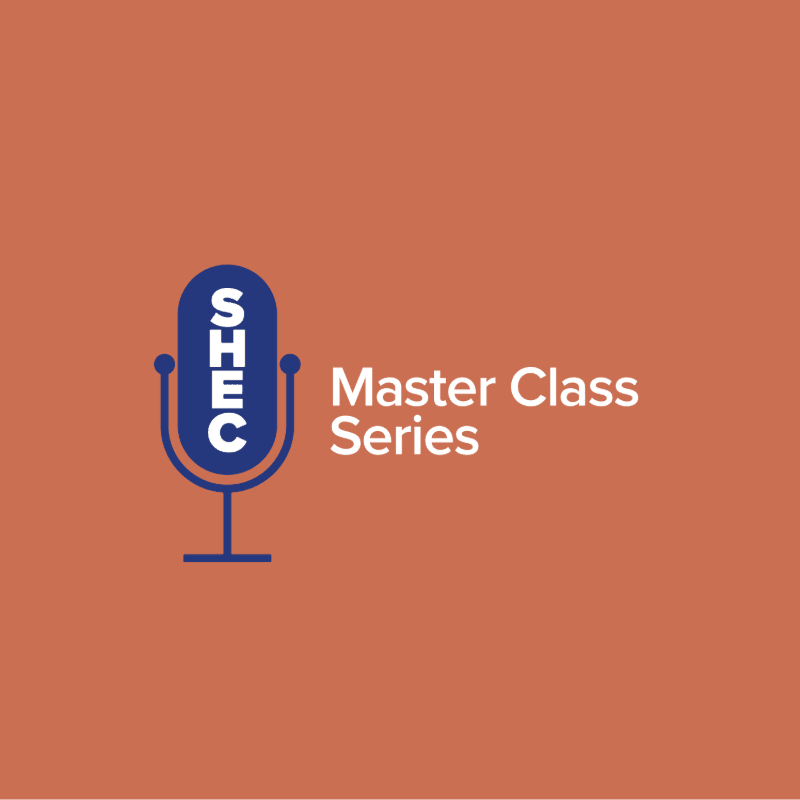 A blue microphone with the letters "SHEC" on it stands in the foreground against a burnt orange background with the words "Master Class Series" to its right.