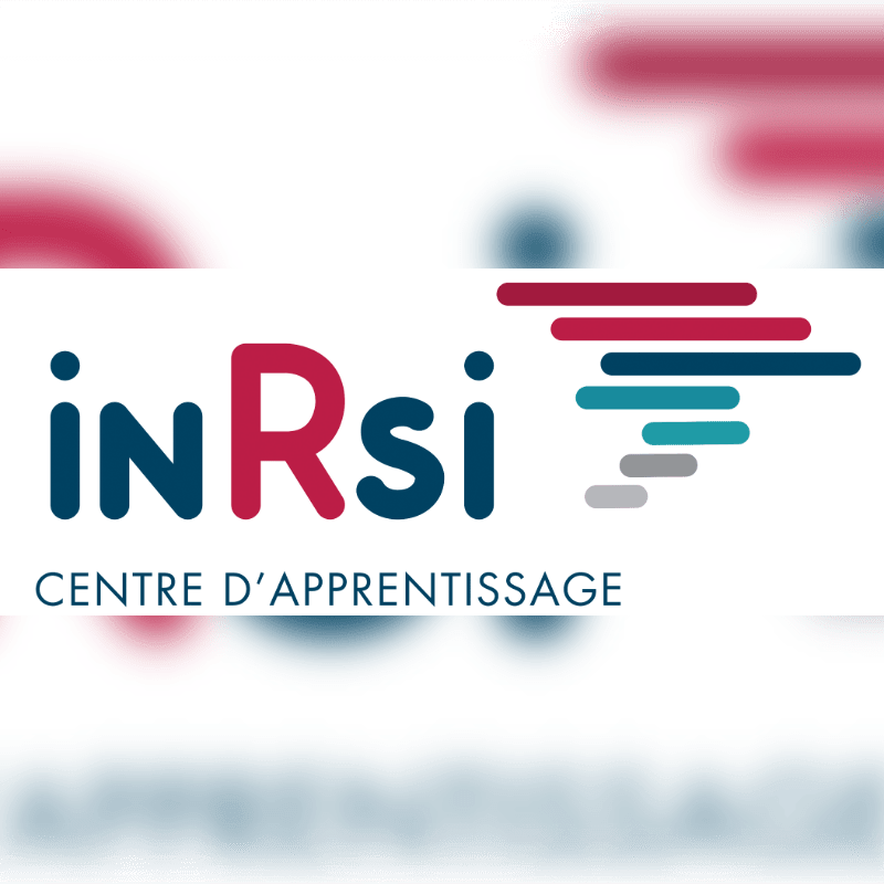 A logo with the text "inRsi CENTRE D'APPRENTISSAGE" in the foreground is set against a blurred background of abstract red, blue, and gray lines.