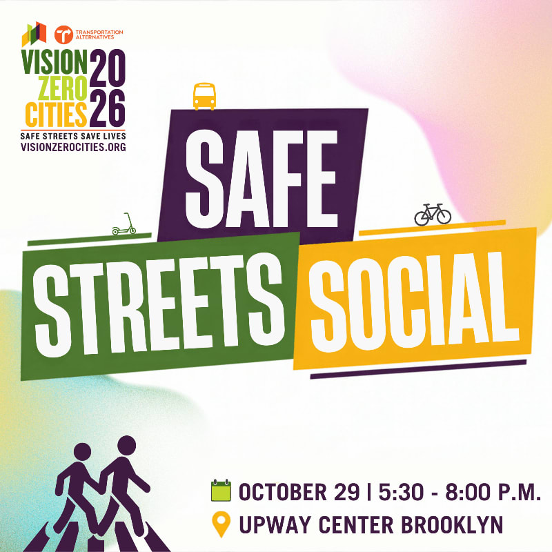 A graphic promoting a "Safe Streets Social" event on October 29th in Brooklyn features colorful text and icons of pedestrians, scooters, and bicycles against a soft, abstract background.