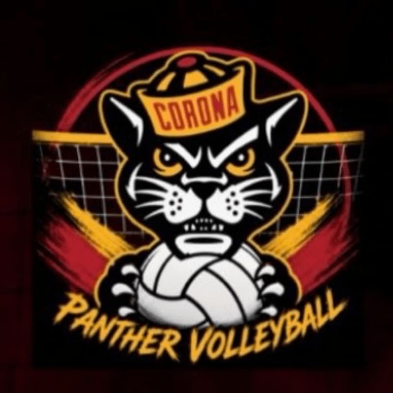 A fierce black panther mascot wearing a "Corona" hat clutches a volleyball in the foreground, with a volleyball net and red and yellow brush strokes forming the background.