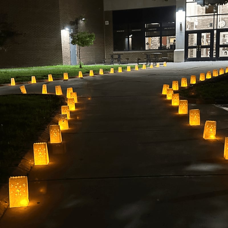 Lined with glowing luminaries, a sidewalk leads towards a building entrance at night.