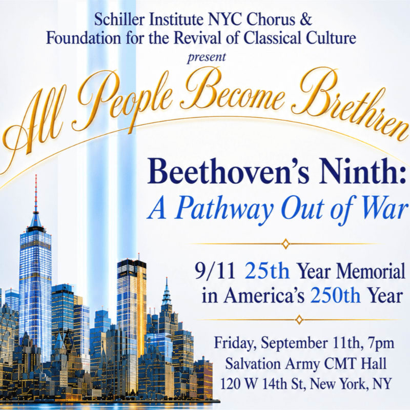 A cityscape with skyscrapers in the foreground is set against a background of text announcing a memorial concert for Beethoven's Ninth Symphony.