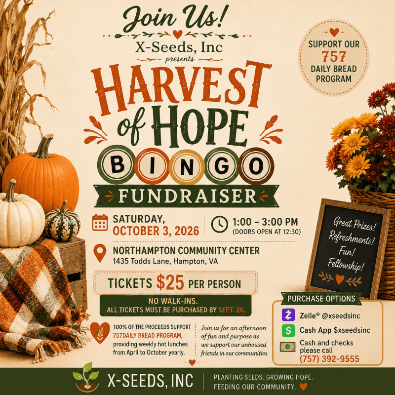 Pumpkins and fall foliage are in the foreground, while the background features a flyer for a "Harvest of Hope Bingo Fundraiser" event.