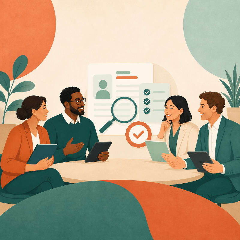 Four professionals are gathered around a table with tablets, discussing a resume displayed on a screen in the background, framed by abstract shapes and plants.
