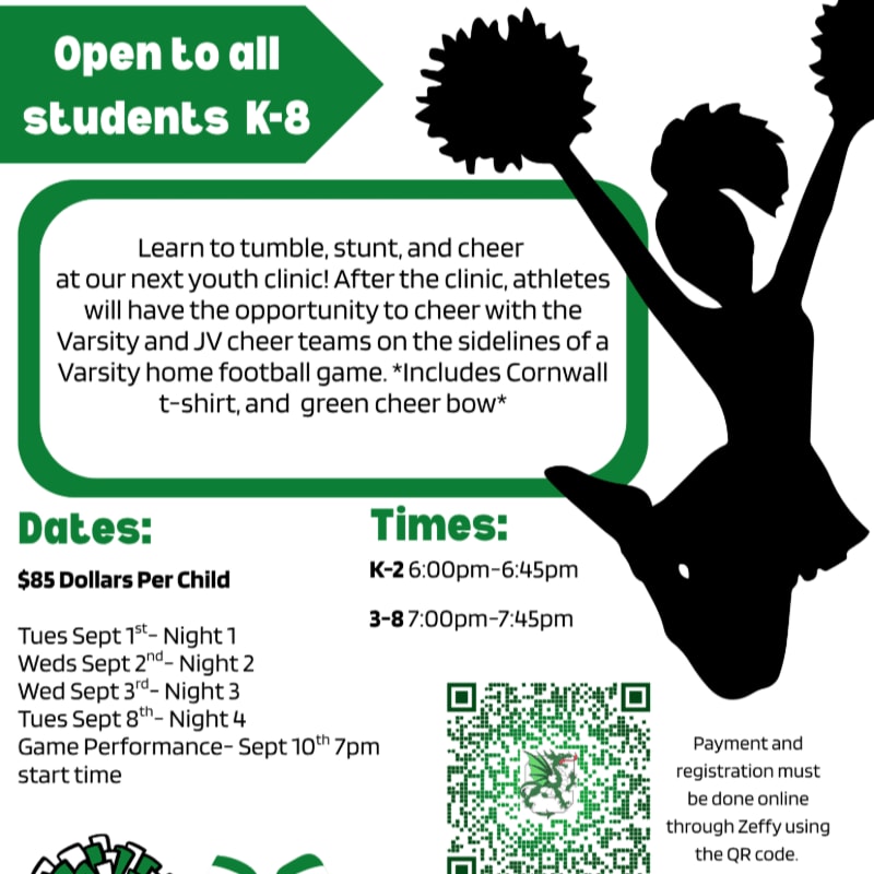 A green and white flyer advertises a K-8 cheer clinic with a silhouette of a cheerleader in the background.