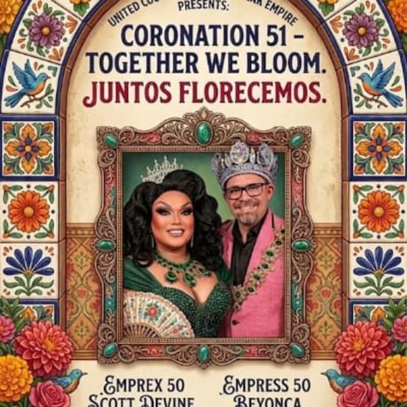 A framed portrait of two crowned individuals, a drag queen and a man, is set against a vibrant floral archway with decorative birds.